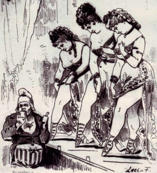Three Helenas in Vienna, showing off their legs to the theatre director in the 1860s. © Operetta Research Center