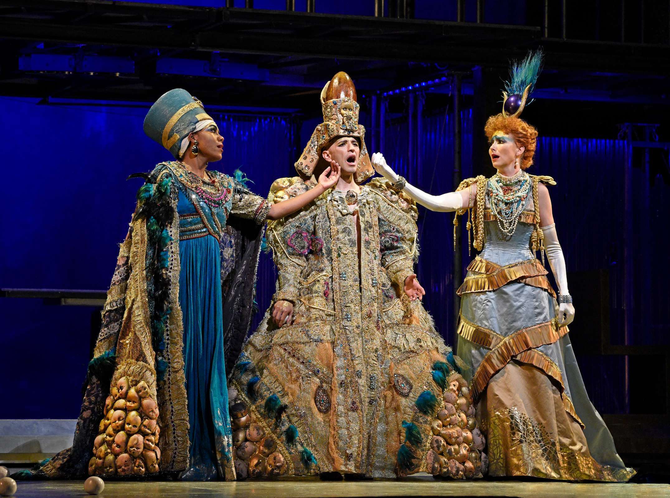 J'Nai Bridges, Anthony Roth Costanzo and Dísella Lárusdóttir in <i>Akhnaten</i> &copy; Karen Almond | Met Opera