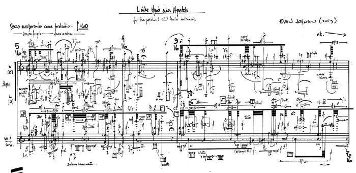 A fragment from Evan Johnson&rsquo;s score <i>Linke hand eines Apostels</i>