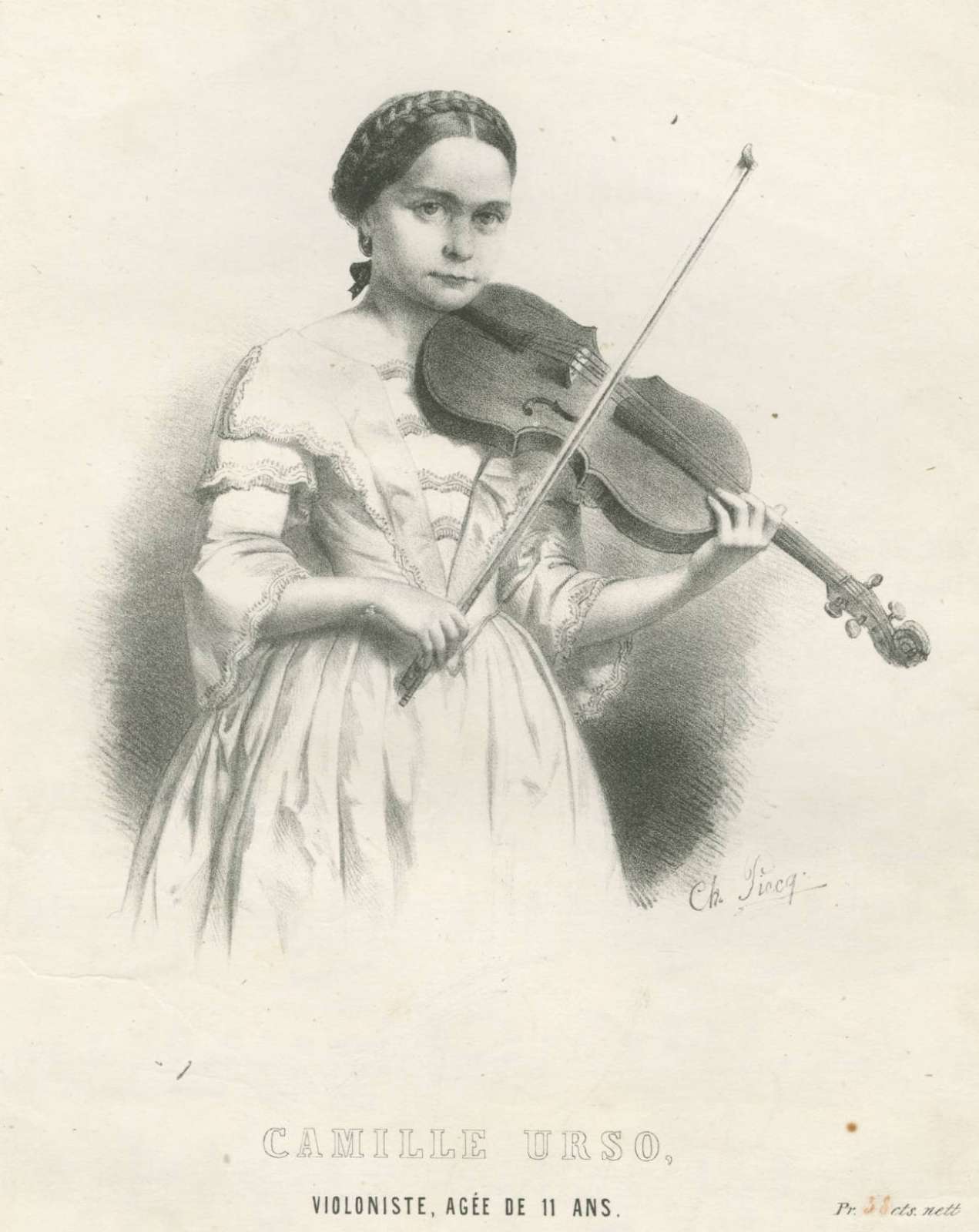 Camille Urso en 1853 (lithographie figurant en première page de la <i>Urso Polka</i> de Caroline Bandt) &copy; domaine public / University of South Carolina