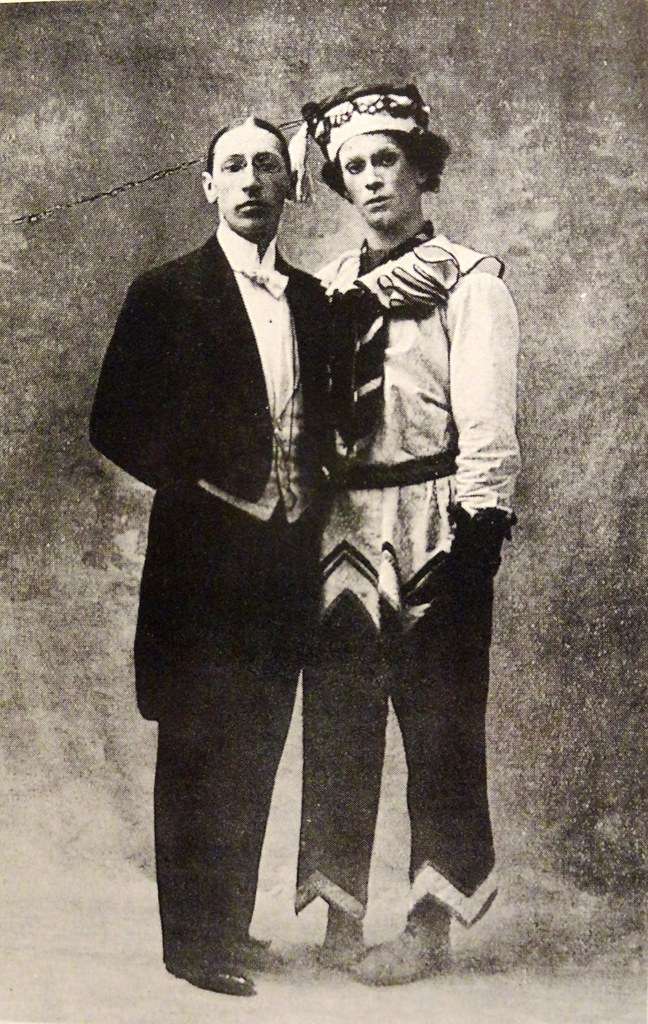 Igor Stravinsky and Vaslav Nijinsky (in costume as Petrushka) &copy; Public domain