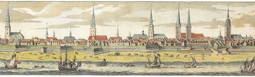Hamburg (1682): St Michaelis, St Nicolai, St Katharinen, St Petri, Alter Mariendom, St Jacobi &copy; Public domain