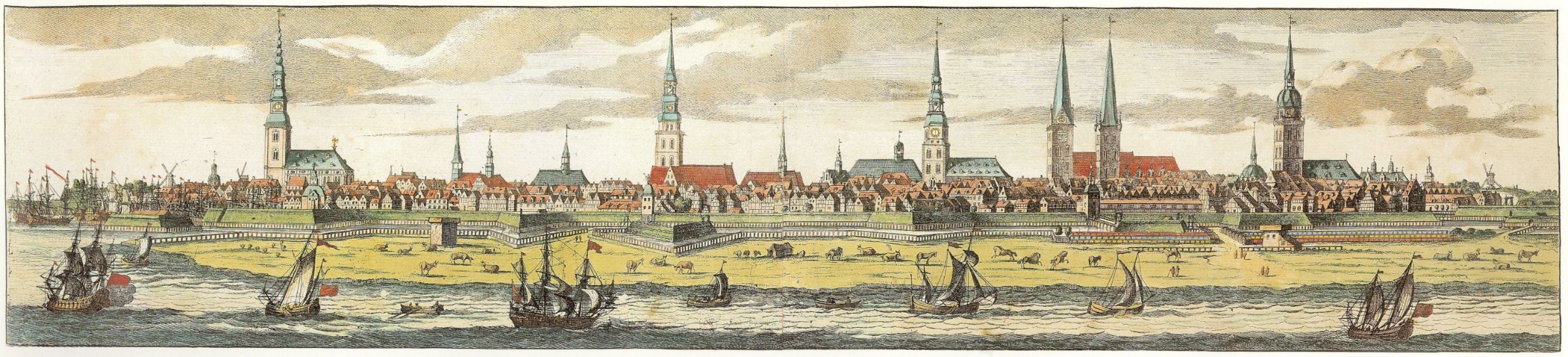 Hamburg (1682): St Michaelis, St Nicolai, St Katharinen, St Petri, Alter Mariendom, St Jacobi &copy; Public domain