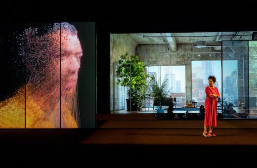 Roderick Williams (screen) and Julia Bullock in <i>Upload</i> © Stephanie Berger