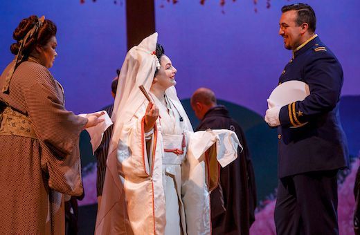 Kseniia Nikolaieva (Suzuki), Lianna Haroutounian (Cio-Cio-San) and Freddie De Tommaso (Pinkerton) &copy; ROH | Yasuko Kageyama