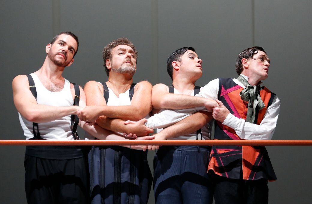 Giorgio Caoduro (Filippo), Carlo Lepore, Pietro Adaini (Alberto) and Ernesto Lama (Tommasino) © ROF | Amati Bacciardi
