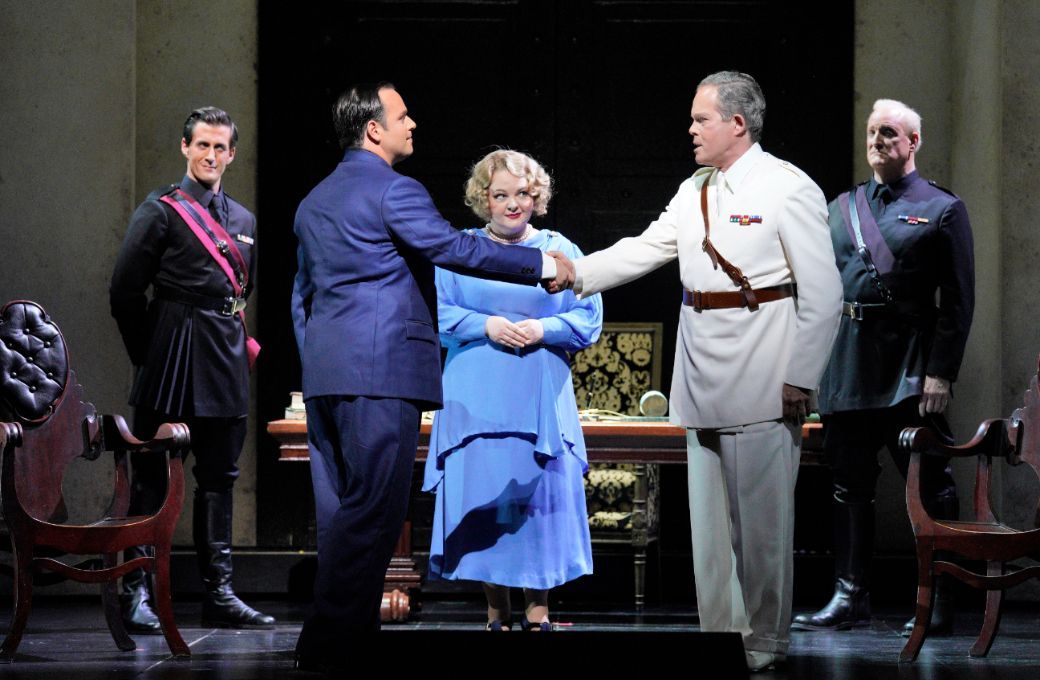 Paul Appleby (Caesar), Elizabeth DeShong (Octavia) and Gerald Finley (Antony) &copy; Cory Weaver | San Francisco Opera