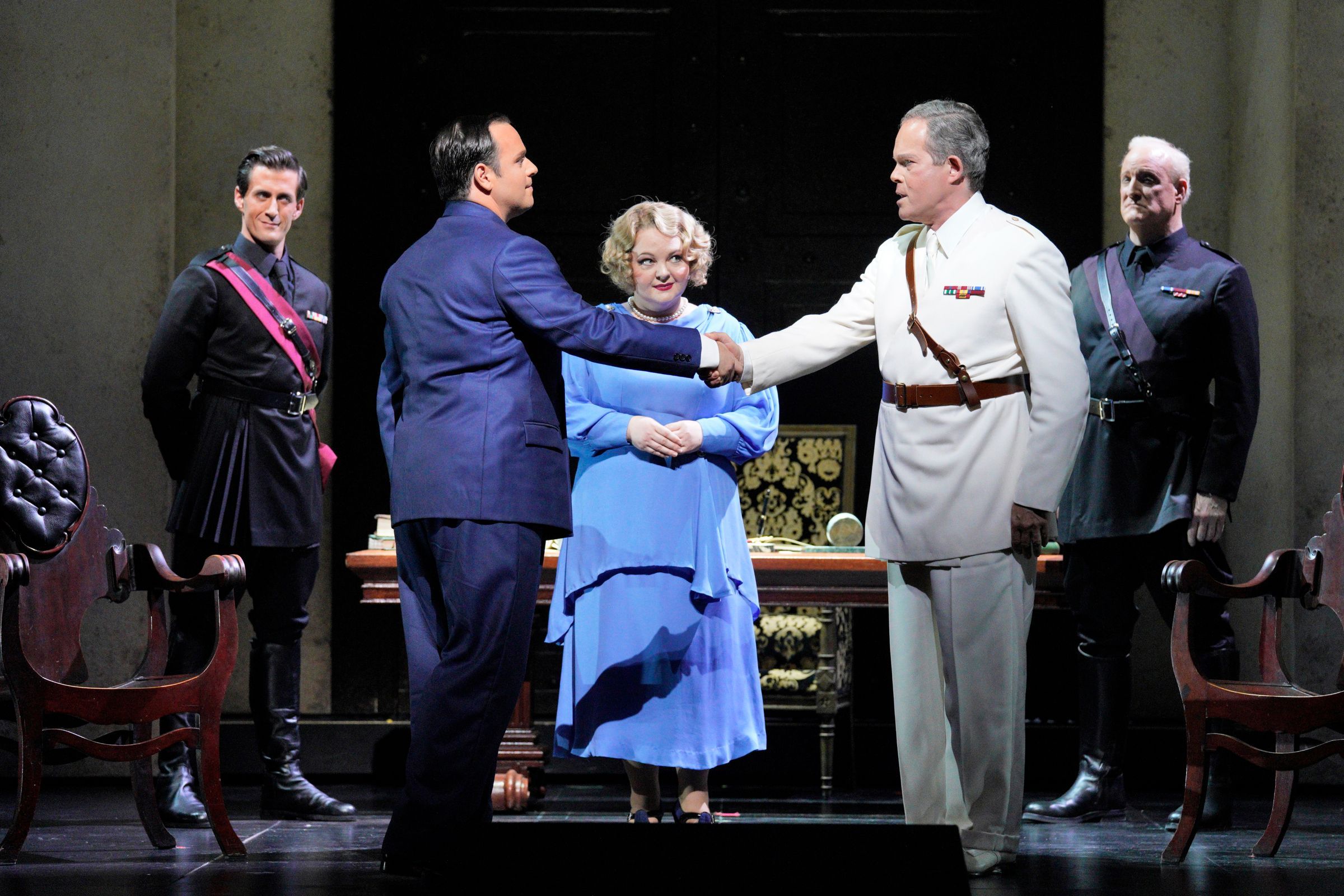Paul Appleby (Caesar), Elizabeth DeShong (Octavia) and Gerald Finley (Antony) &copy; Cory Weaver | San Francisco Opera