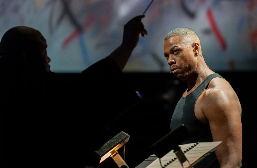 Tyshawn Sorey and Davóne Tines in <i>Monochromatic Light (Afterlife)</i> © Stephanie Berger Photography | Park Avenue Armory