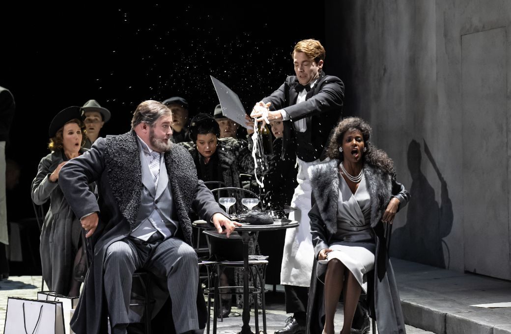 Darren Jeffery (Alcindoro) and Mariam Battistelli (Musetta) &copy; Glyndebourne Productions Ltd | Photo: Bill Cooper