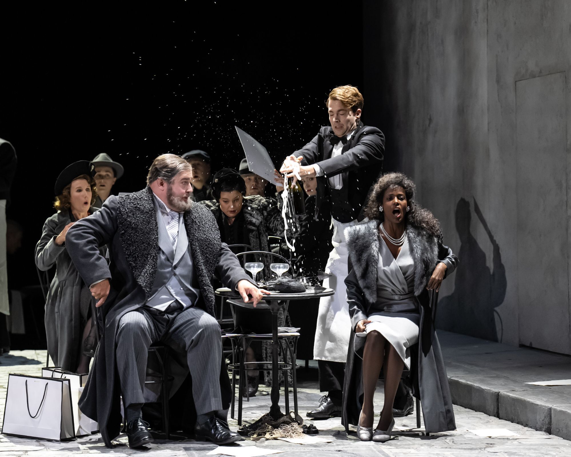 Darren Jeffery (Alcindoro) and Mariam Battistelli (Musetta) &copy; Glyndebourne Productions Ltd | Photo: Bill Cooper