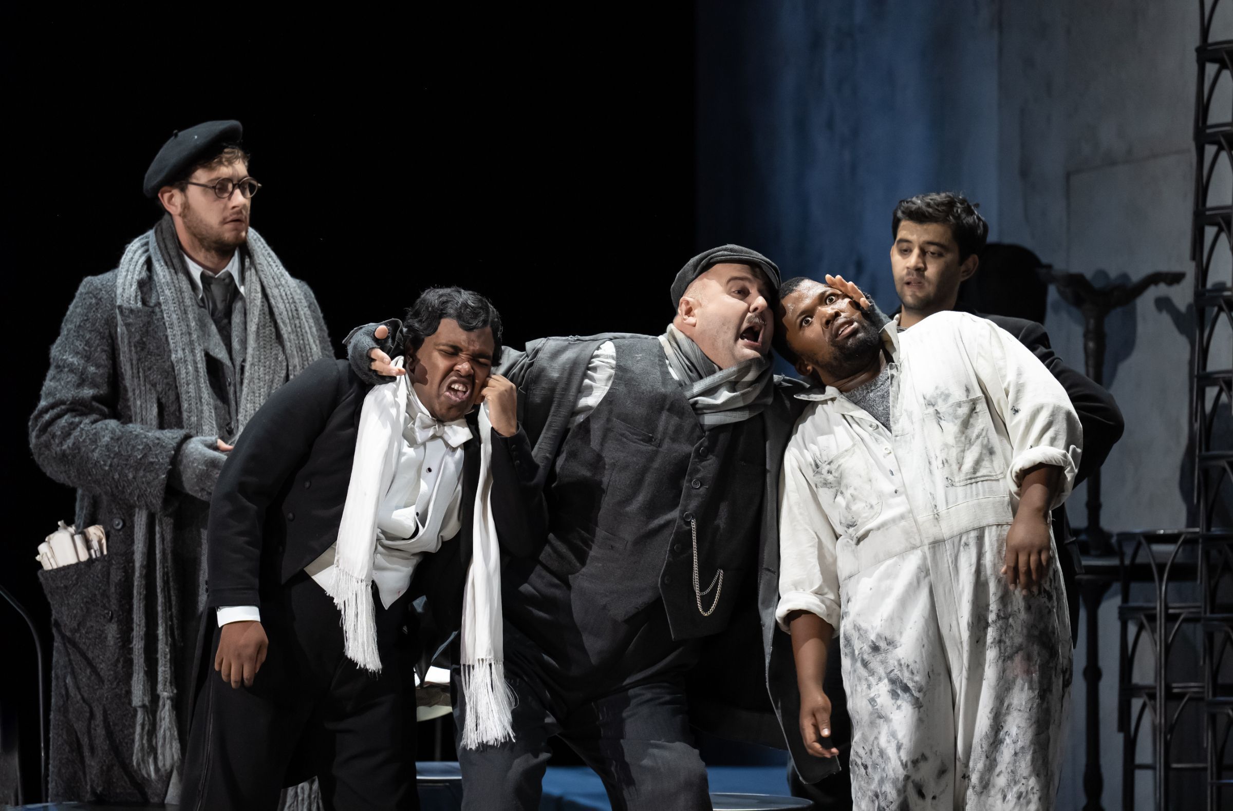 William Thomas, Luvuyo Mbundu, Darren Jeffery, Luthando Qave and Bekhzod Davronov &copy; Glyndebourne Productions Ltd | Photo: Bill Cooper