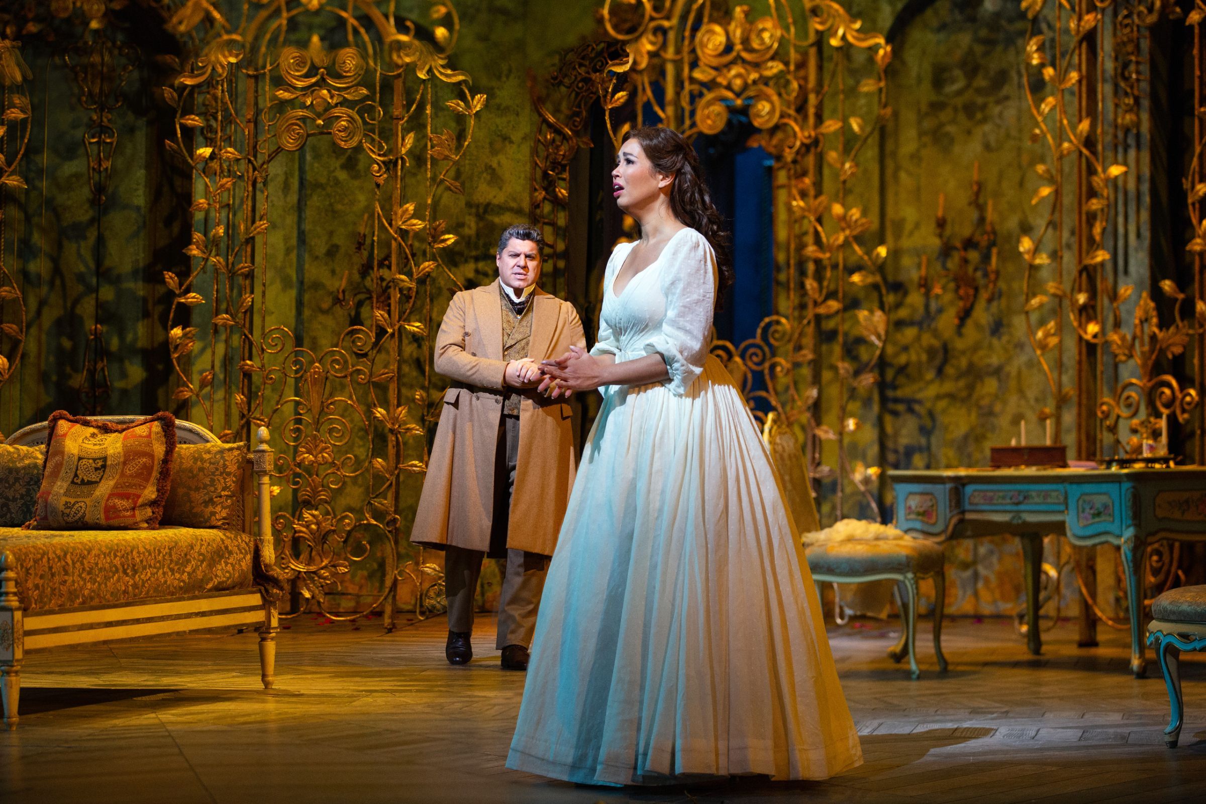 Luca Salsi (Germont) and Nadine Sierra (Violetta) &copy; Marty Sohl | Met Opera