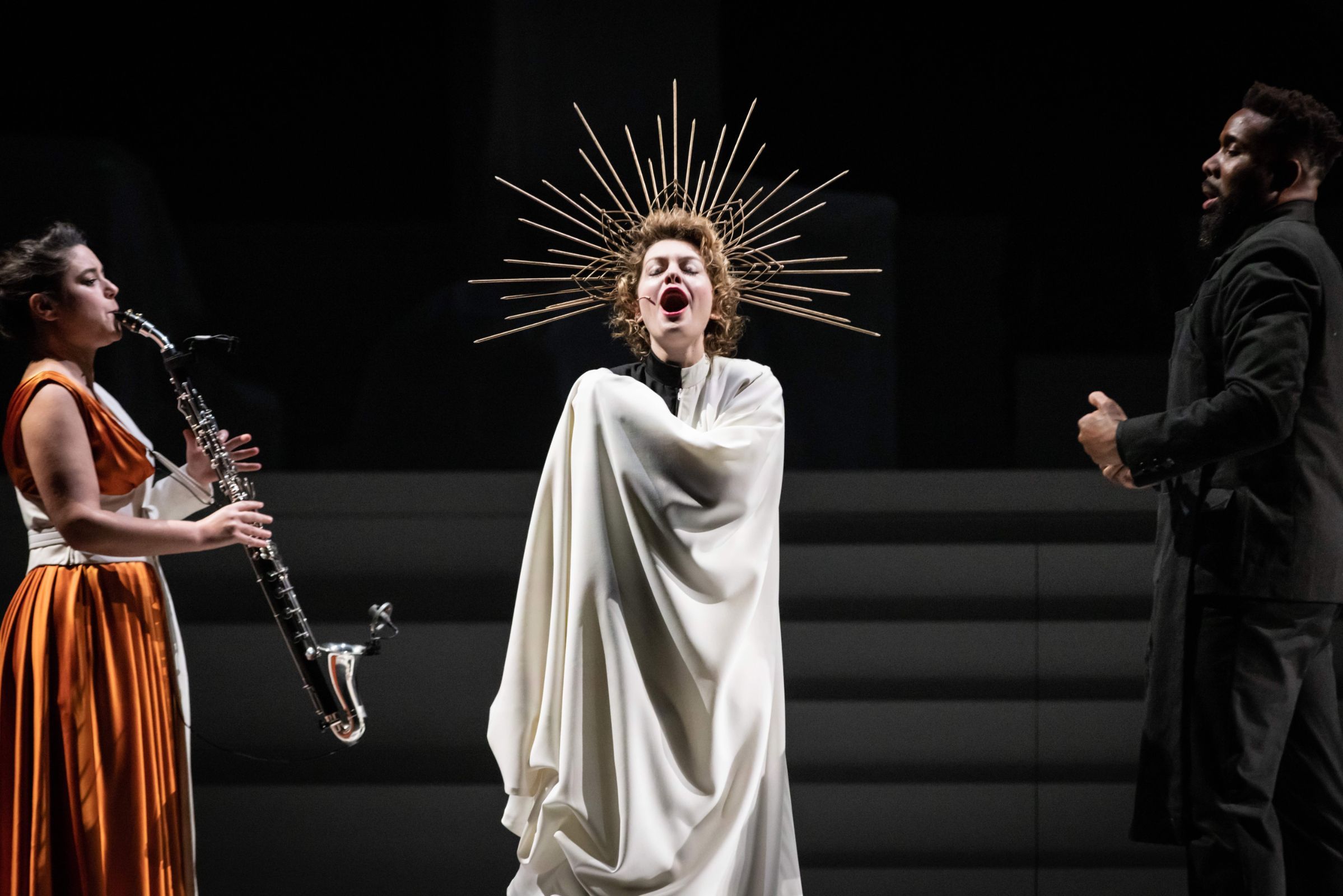 Iris Zerdoud (basset horn), Jenny Daviet (Eve) and Antoin HL Kessel (Ludon) &copy; Simon Gosselin