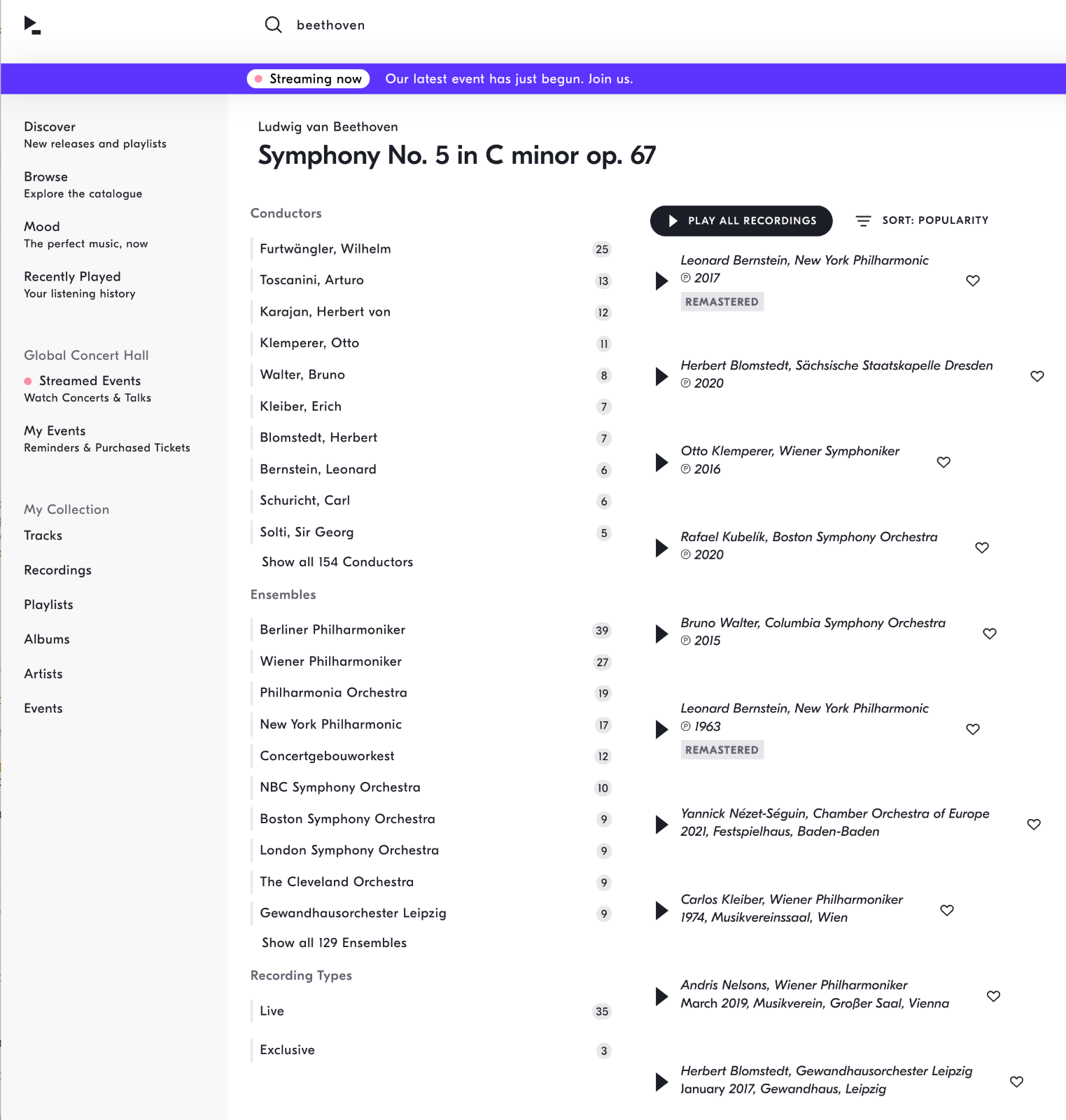 Search for Beethoven <i>Symphony no. 5</i> &copy; IDAGIO GmbH
