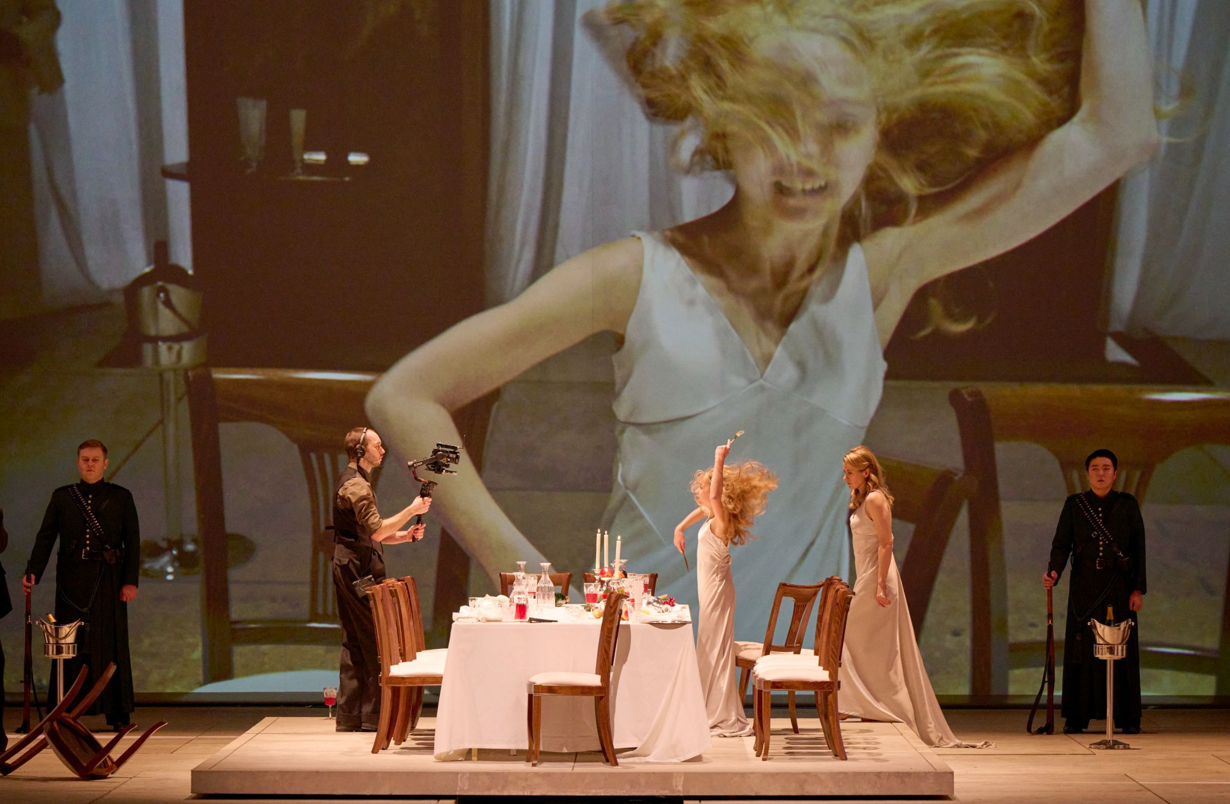Ilja Kazakov (First Soldier), Benedikt Missmann (Video), Anna Chesnova (Young Salome), Malin Byström &copy; Wiener Staatsoper | Michael Pöhn