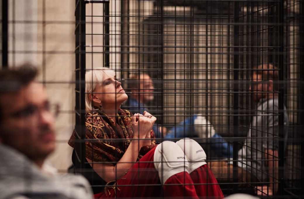 <i>Animal Farm</i> cast rehearses inside battery cages &copy; Milagro Elstak
