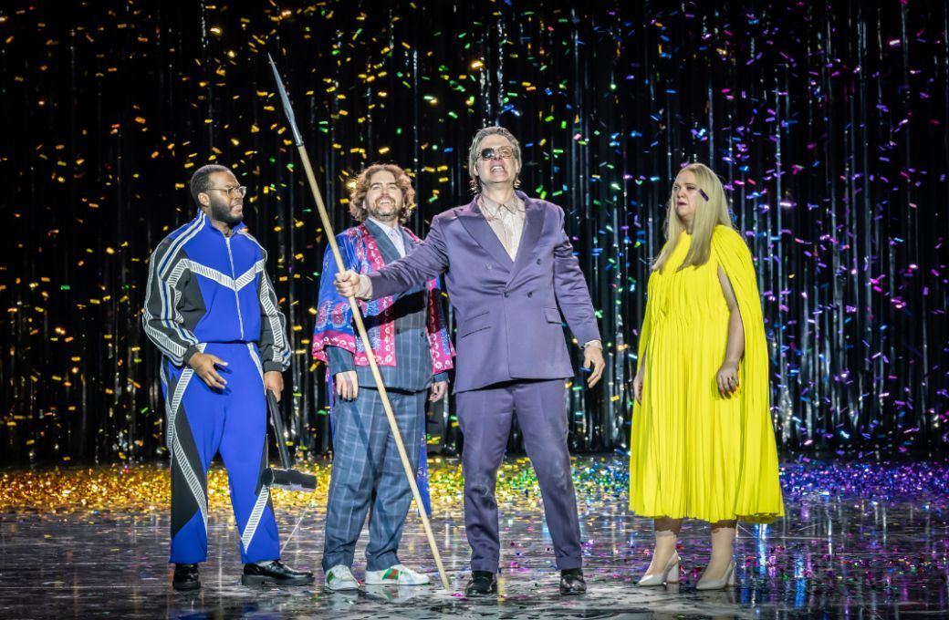 Blake Denson (Donner), Julian Hubbard (Froh), John Relyea (Wotan) and Madeleine Shaw (Fricka) &copy; English National Opera | Marc Brenner
