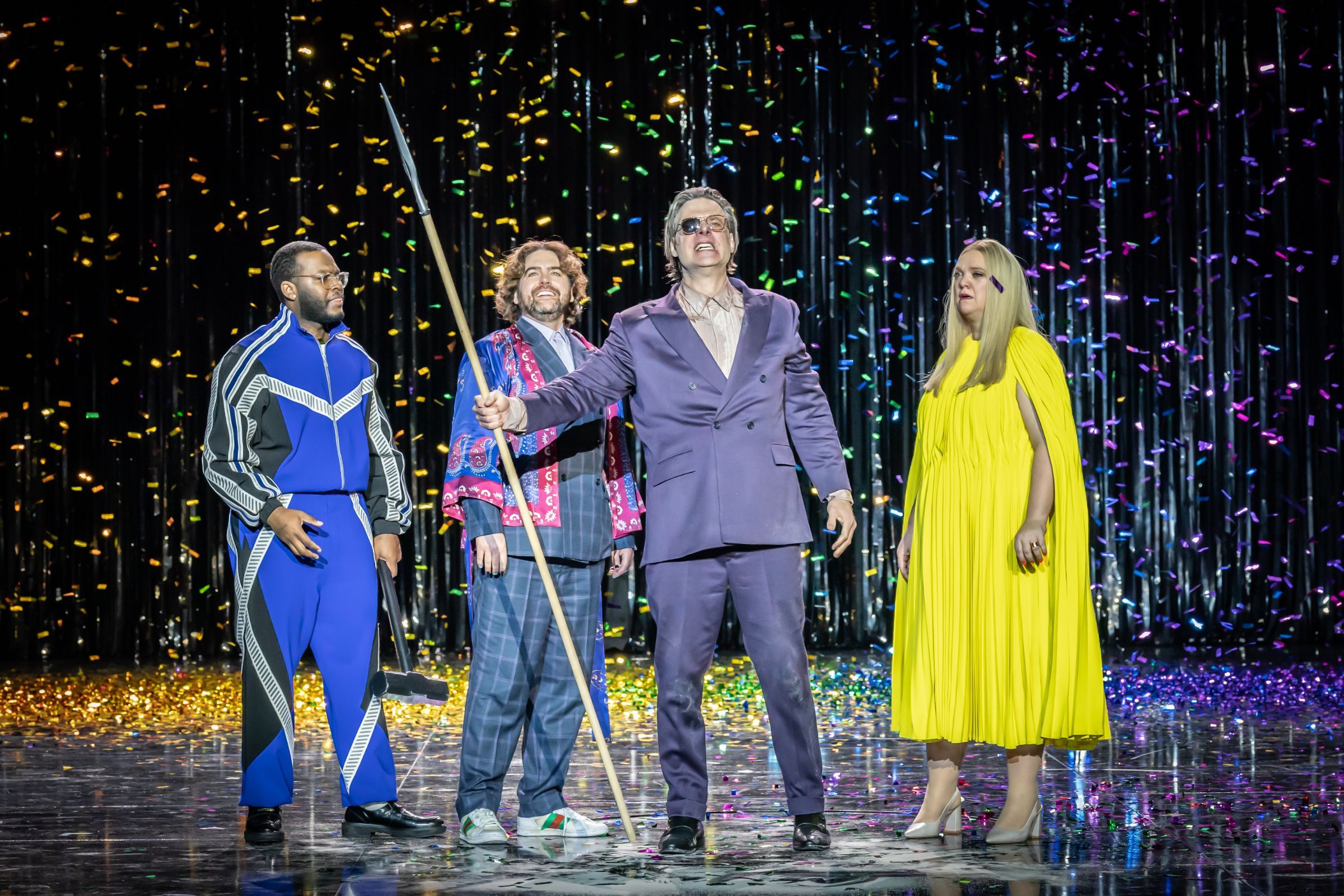 Blake Denson (Donner), Julian Hubbard (Froh), John Relyea (Wotan) and Madeleine Shaw (Fricka) &copy; English National Opera | Marc Brenner