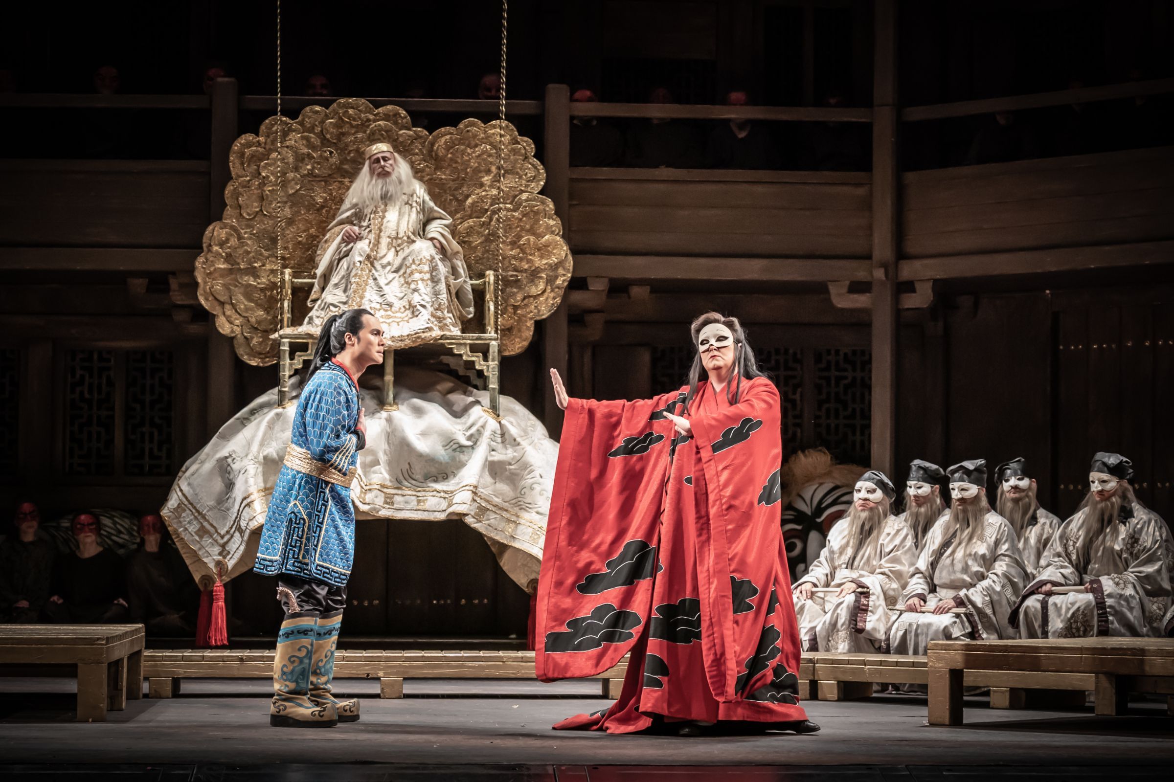 Yonghoon Lee (Calaf), Alexander Kravets (Emperor Altoum) and Anna Pirozzi (Turandot) &copy; ROH | Marc Brenner