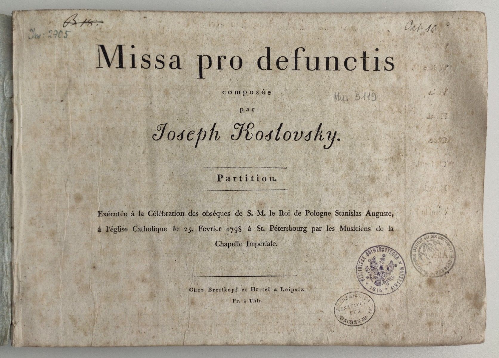 Józef Kozłowski’s <i>Requiem</i> first edition, published in c.1804 &copy; University of Warsaw Library