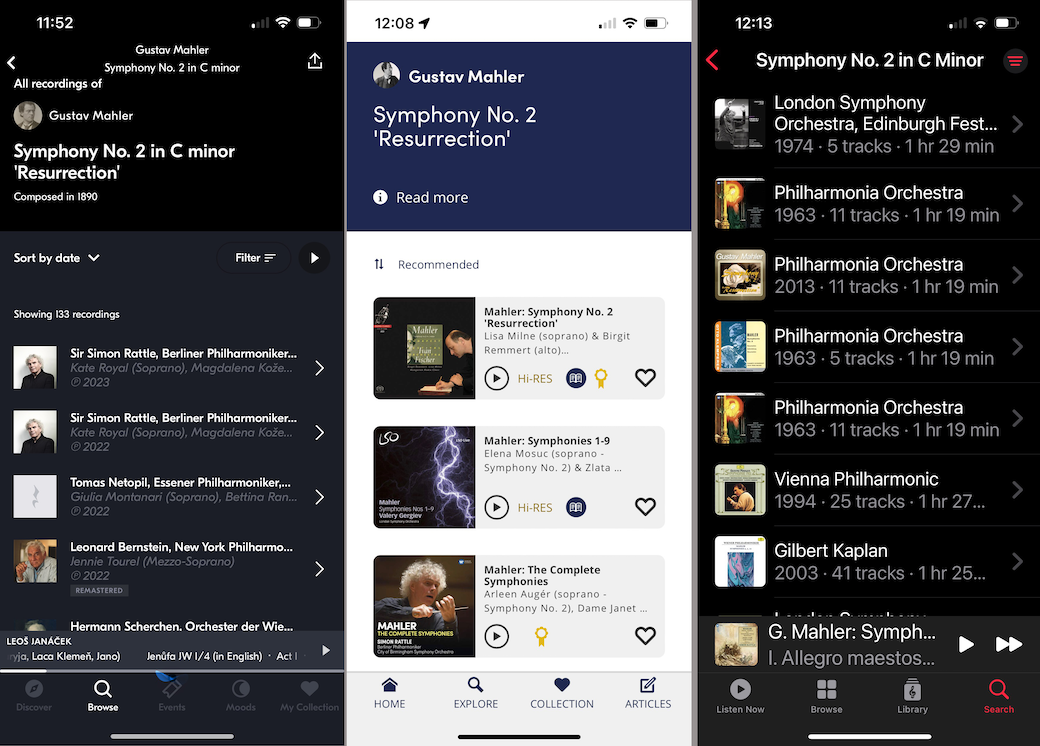 Search results on iPhone: from left, Idagio, Presto, Apple