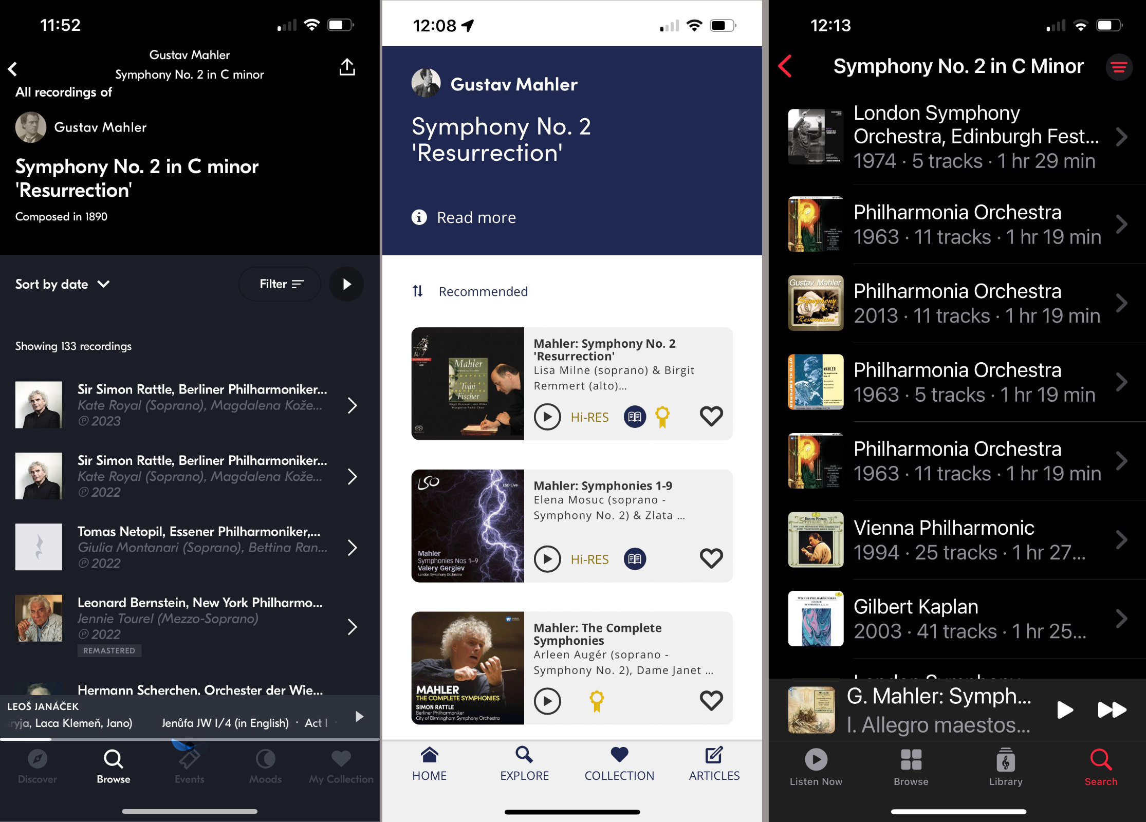 Search results on iPhone: from left, Idagio, Presto, Apple