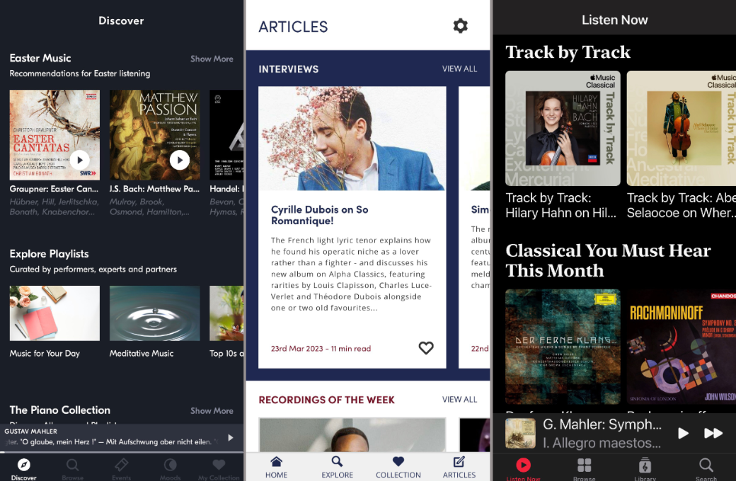 Idagio &ldquo;Discover&rdquo;, Presto &ldquo;Articles&rdquo;, Apple &ldquo;Listen Now&rdquo;