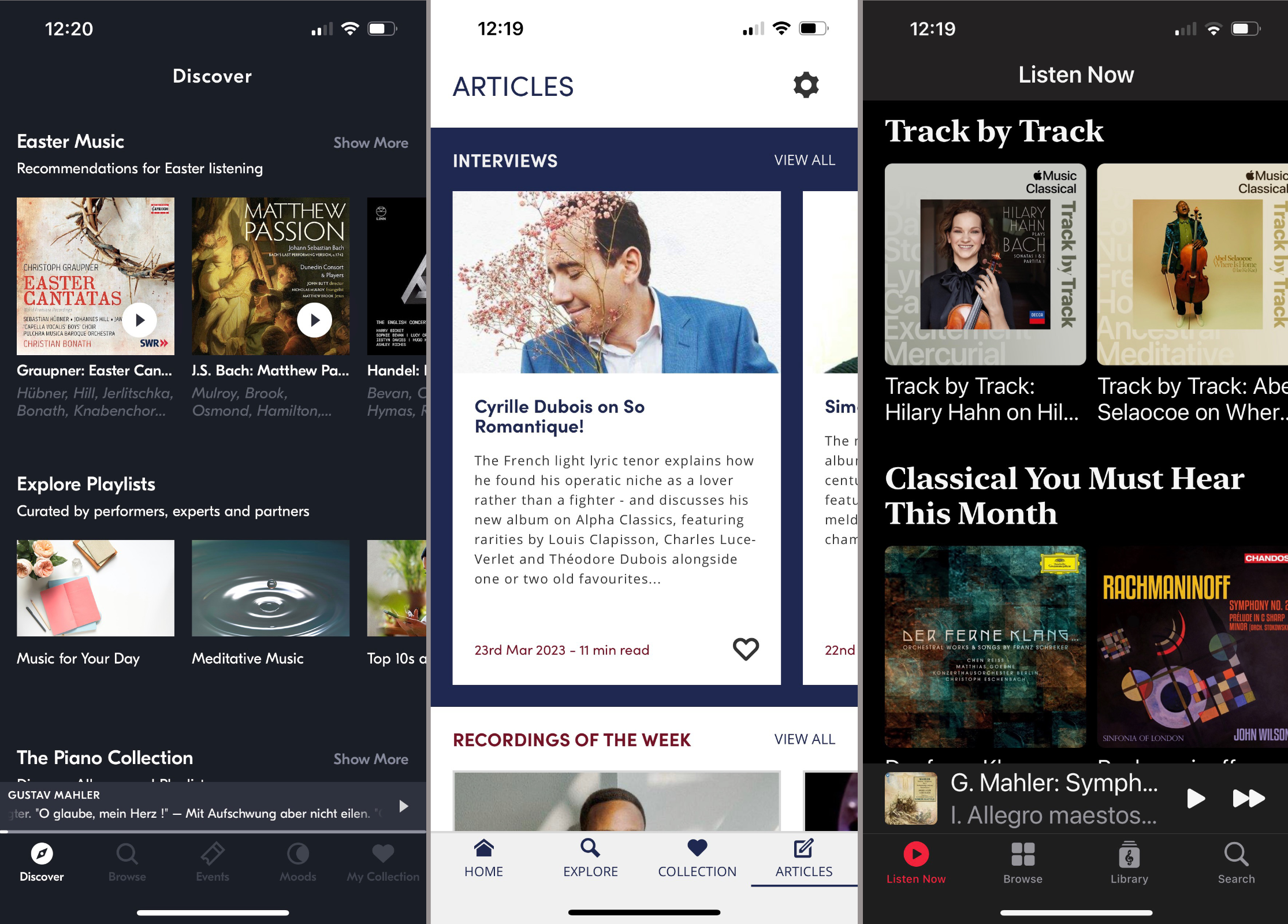 Idagio “Discover”, Presto “Articles”, Apple “Listen Now”