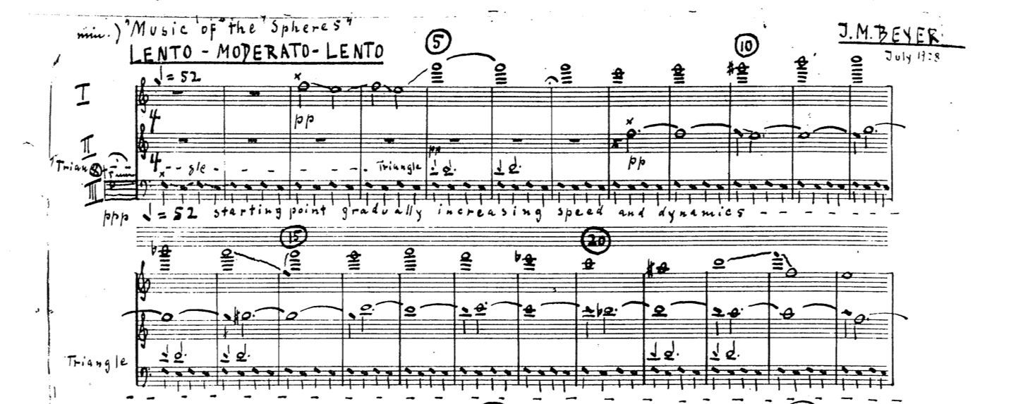 Beyer’s manuscript for <i>Music of the Spheres</i>, for three electrical instruments © New York Public Library | Public Domain