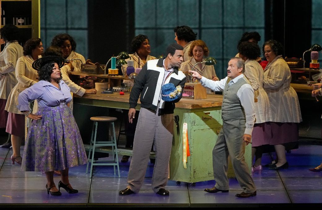 Latonia Moore (Emelda), Ryan Speedo Green (Young Emile Griffith) and Paul Groves (Howie Albert) &copy; Ken Howard/Metropolitan Opera