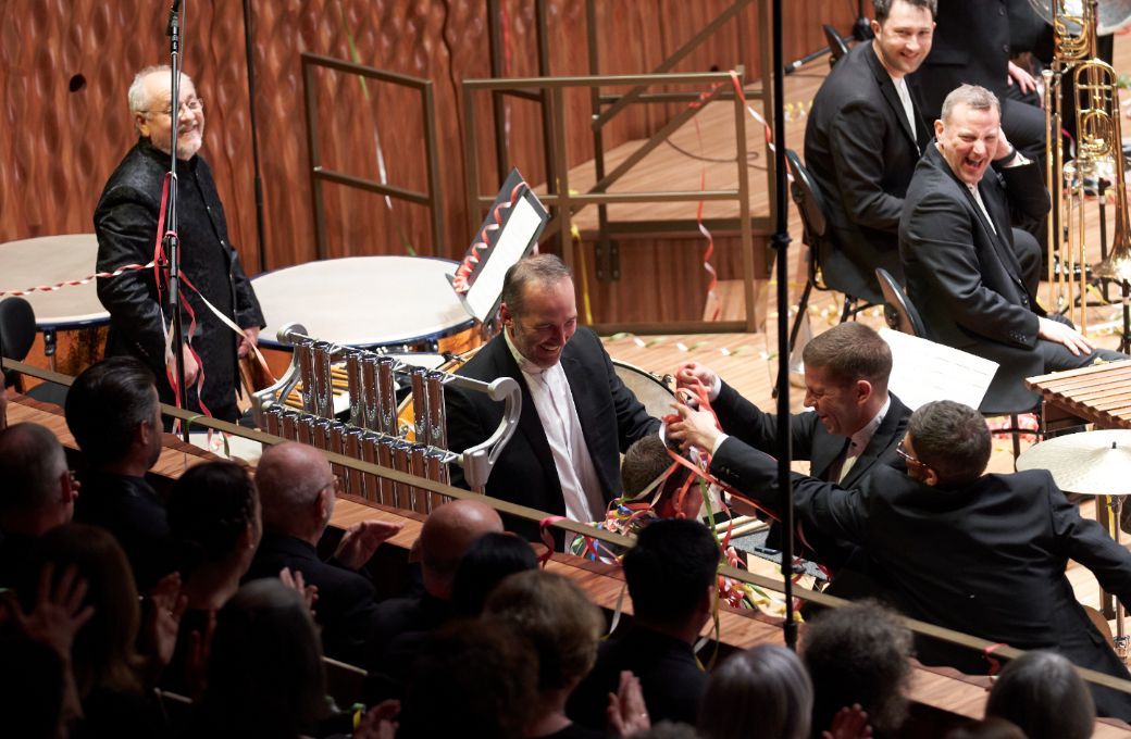 The LSO percussion section... plus streamers &copy; Jay Patel