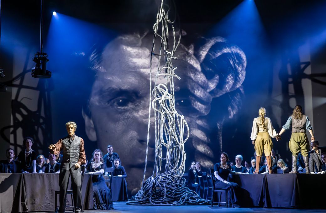 Quirijn de Lang, Sophia Theodorides and Nico Darmanin with the Chorus of Opera North © James Glossop