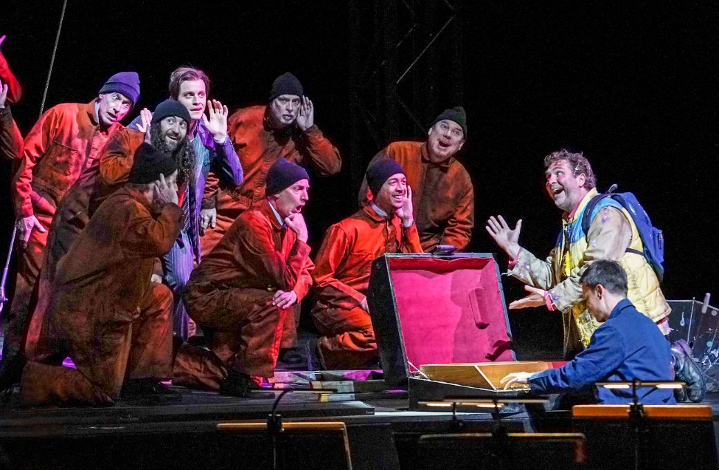 Brenton Ryan (Monastatos), Thomas Oliemans (Papageno) and Bryan Wagorn (glockenspiel solo) &copy; Karen Almond | Met Opera