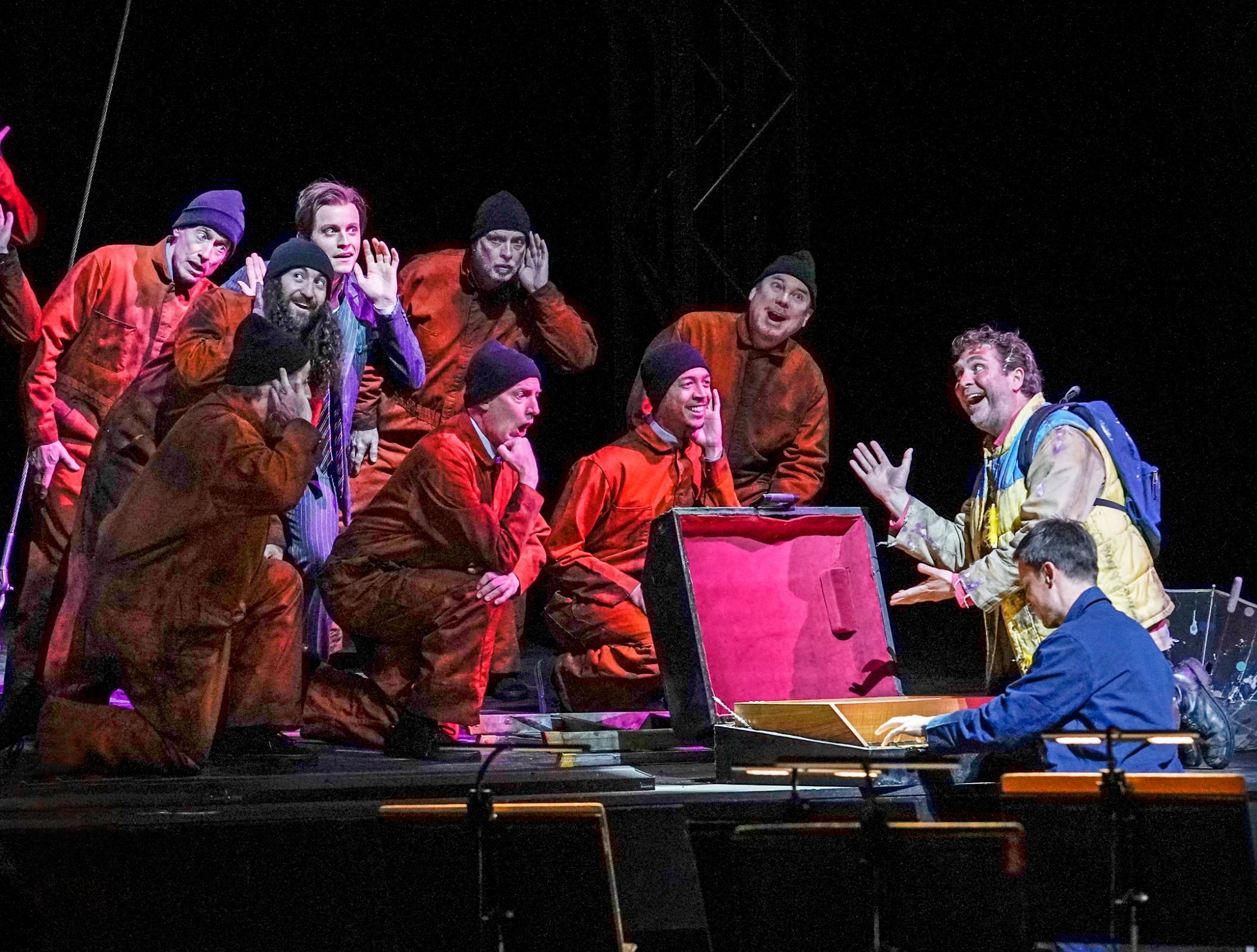 Brenton Ryan (Monastatos), Thomas Oliemans (Papageno) and Bryan Wagorn (glockenspiel solo) &copy; Karen Almond | Met Opera