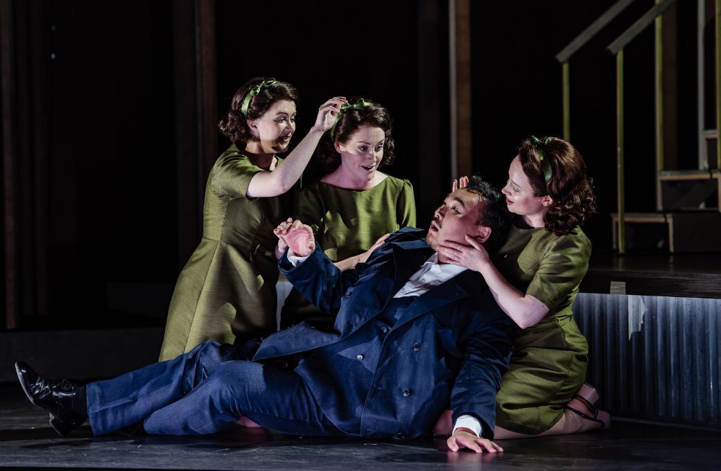 Harriet Eyley, Claire Lees, Si&acirc;n Griffiths (nymphs) and Young Woo Kim (Bacchus) &copy; Julian Guidera