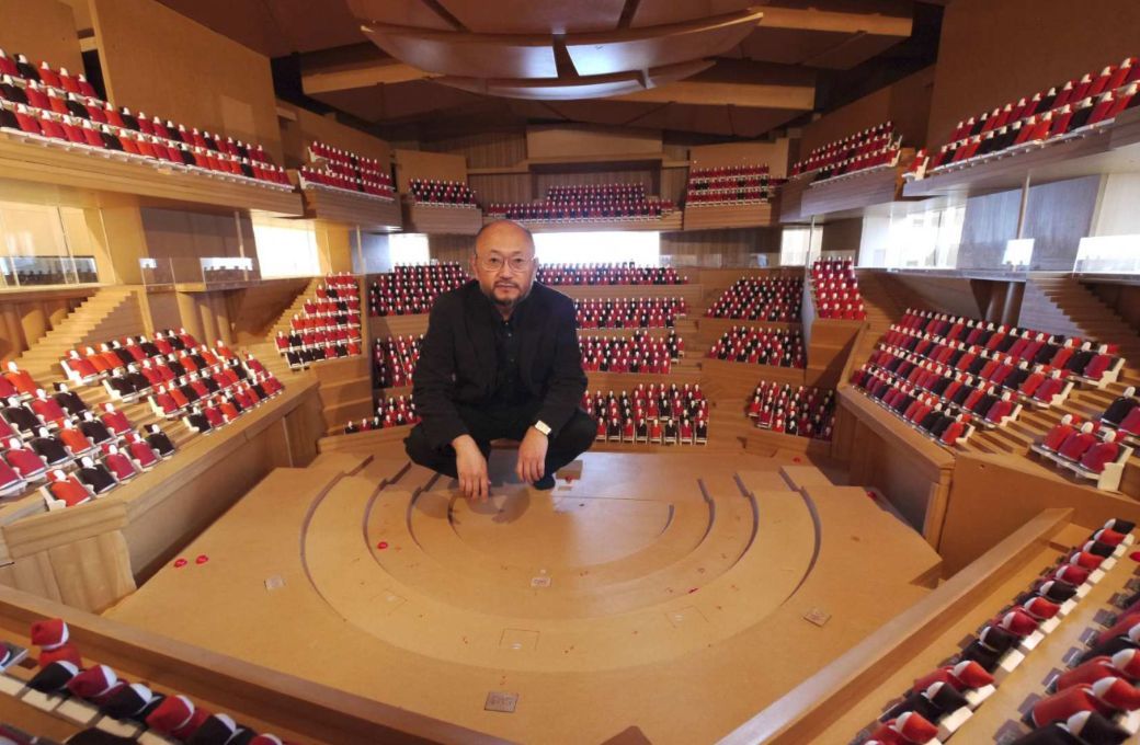 Yasuhisa Toyota in 10:1 scale model of Helsinki Music Centre Concert Hall © Nagata Acoustics