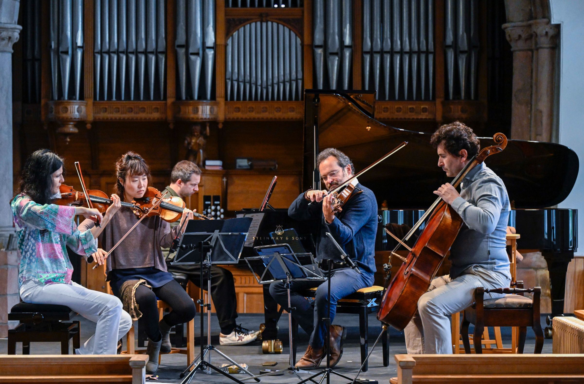 Belcea Quartet and Bertrand Chamayou in rehearsal in Crail Church &copy; Neil Hanna