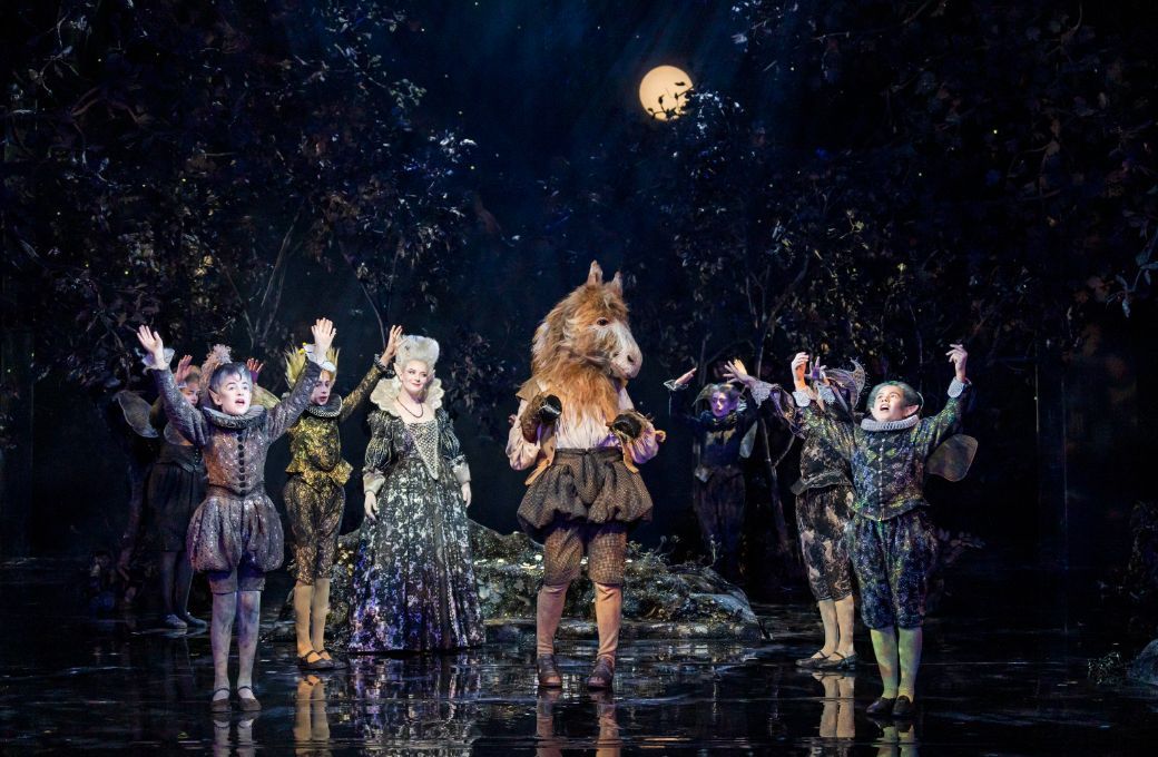 Liv Redpath (Tytania), Brandon Cedel (Bottom) and fairies &copy; Glyndebourne Productions Ltd | Photo: Tristram Kenton