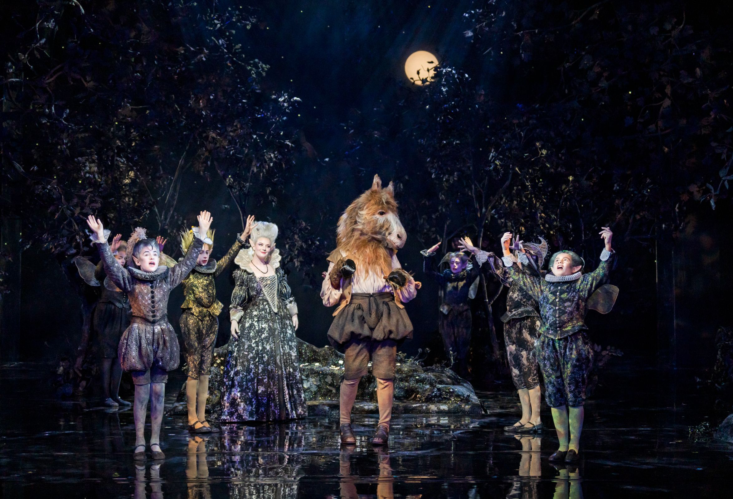 Liv Redpath (Tytania), Brandon Cedel (Bottom) and fairies &copy; Glyndebourne Productions Ltd | Photo: Tristram Kenton