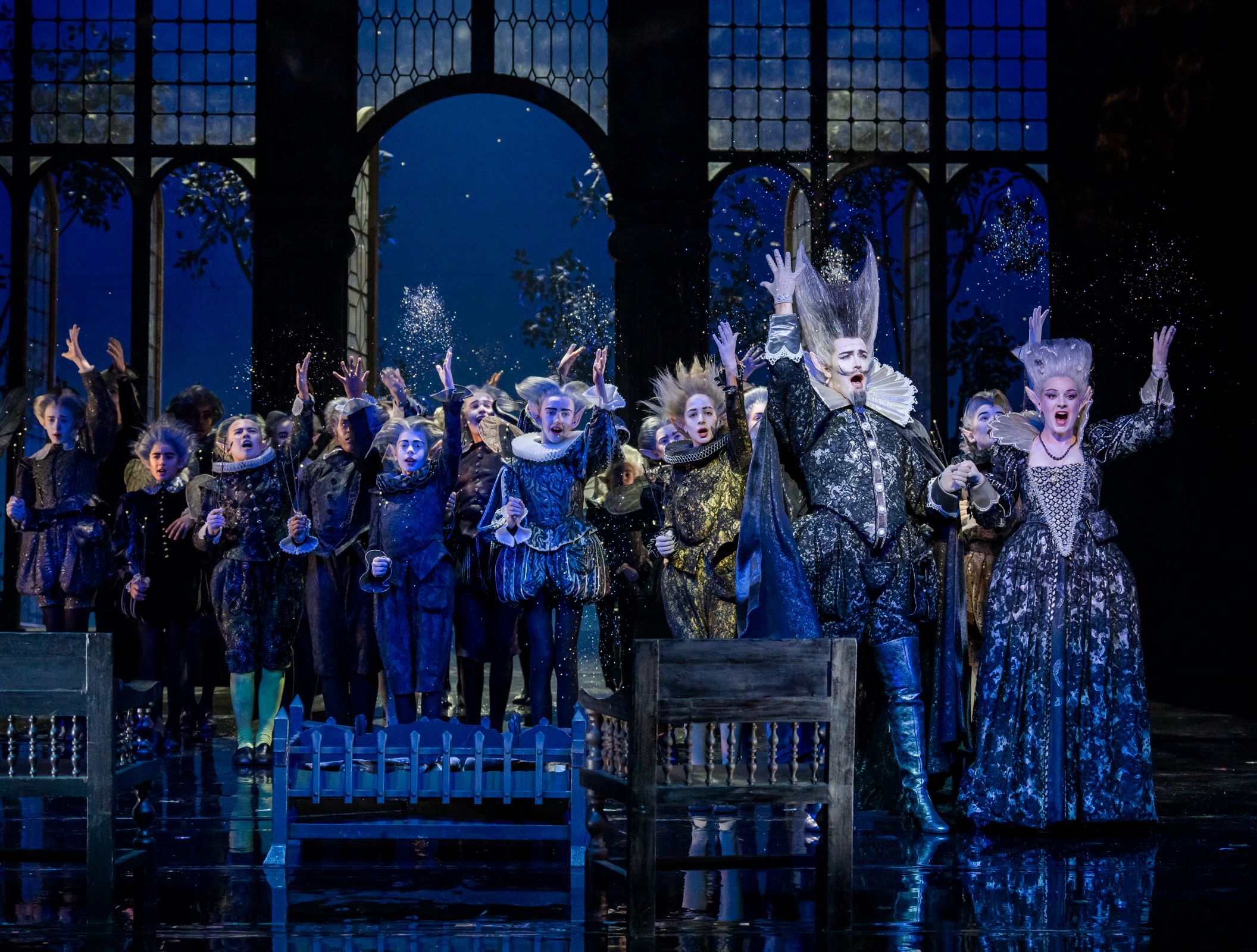 Tim Mead (Oberon), Liv Redpath (Tytania) and fairies &copy; Glyndebourne Productions Ltd | Photo: Tristram Kenton