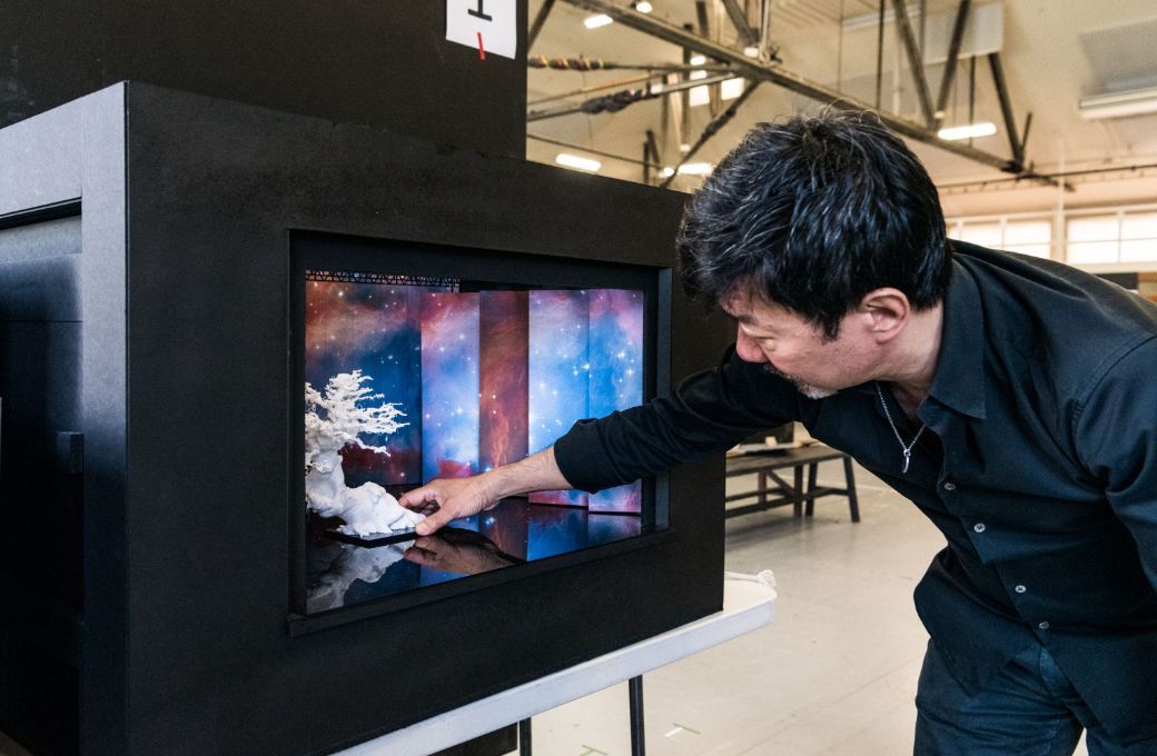 Chen prepares a stage mockup for <i>Die Walk&uuml;re</i> &copy; Rhiannon Hopley