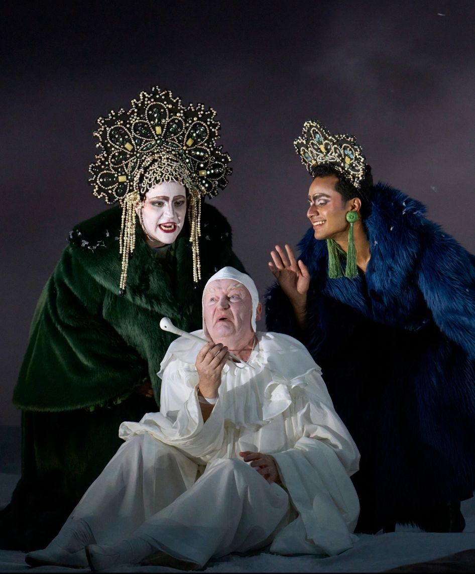 Jennifer Johnston (Juno), Clive Bayley (Somnus) and Samuel Mariño (Iris) &copy; Glyndebourne Productions Ltd. Photo: Richard Hubert Smith