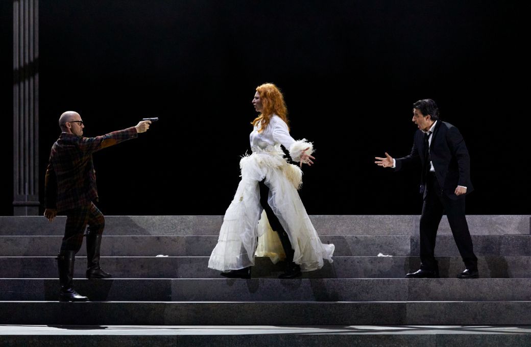 St&eacute;phane Degout (Rodrigue), &Egrave;ve-Maud Hubeaux (Eboli) and Charles Castronovo (Don Carlos) &copy; Grand Th&eacute;&acirc;tre de Gen&egrave;ve | Magali Dougados