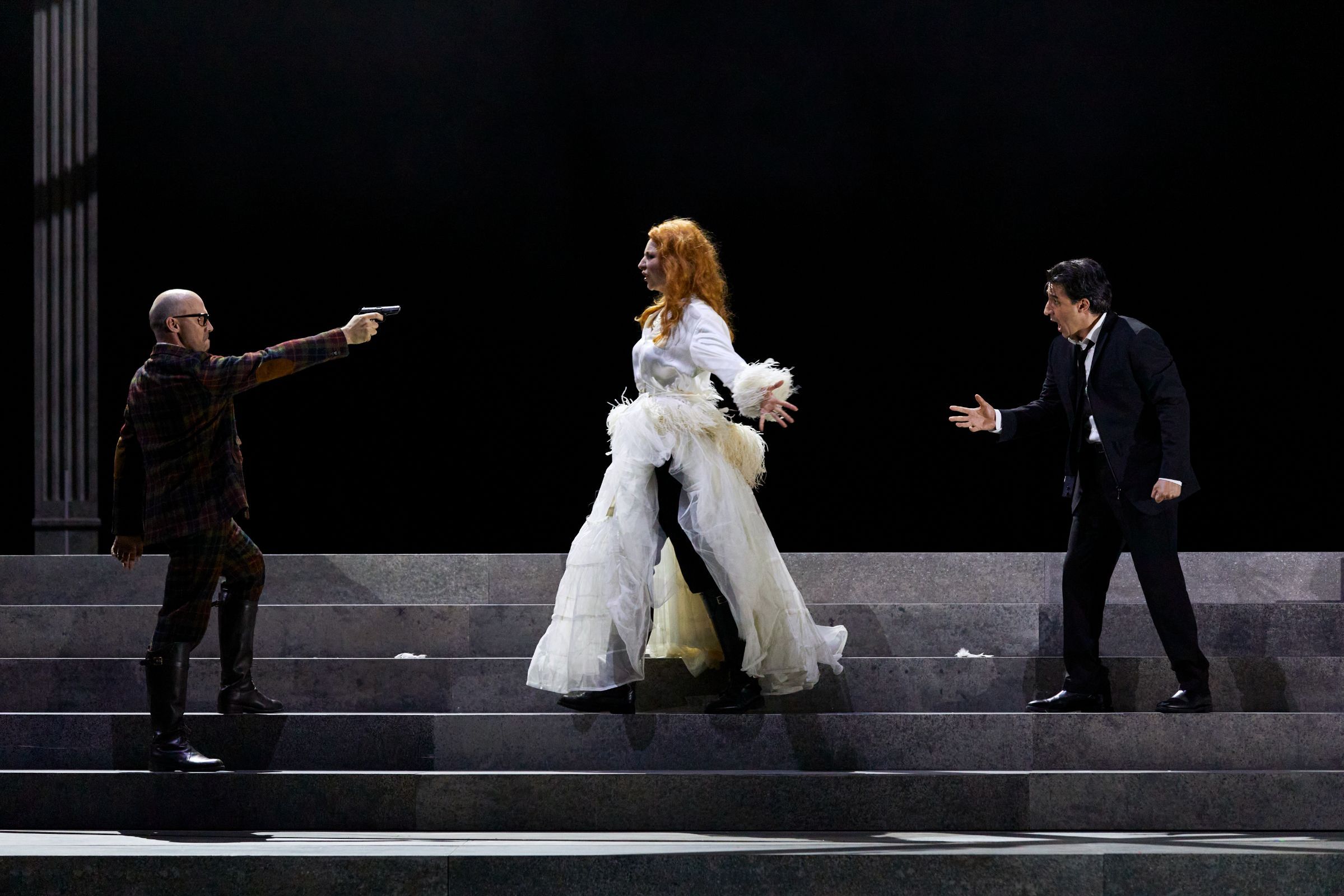 Stéphane Degout (Rodrigue), Ève-Maud Hubeaux (Eboli) and Charles Castronovo (Don Carlos) &copy; Grand Théâtre de Genève | Magali Dougados