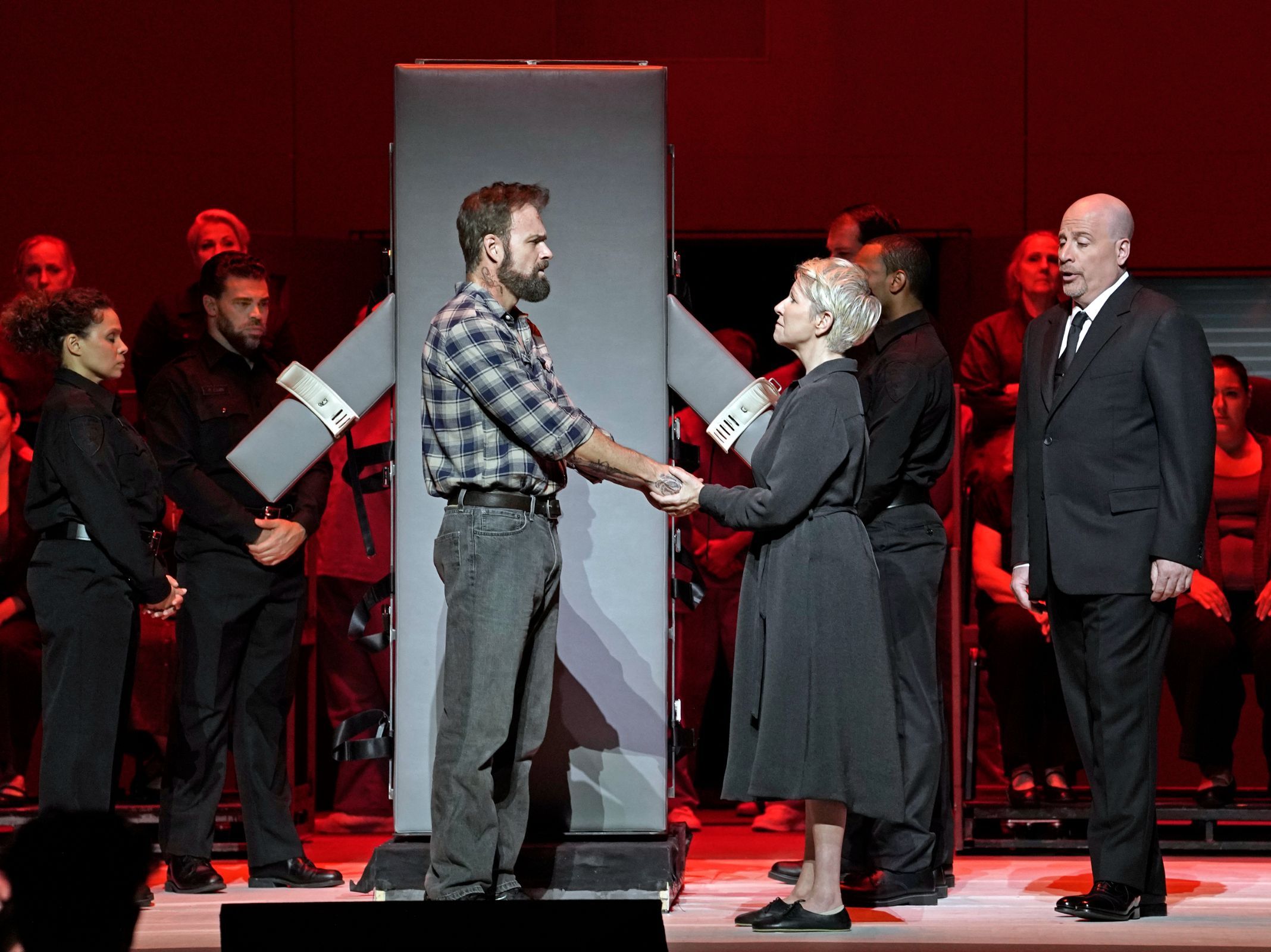 Ryan McKinny (Joseph), Joyce DiDonato (Sister Helen) and Raymond Aceto (George Benton) &copy; Karen Almond | Met Opera