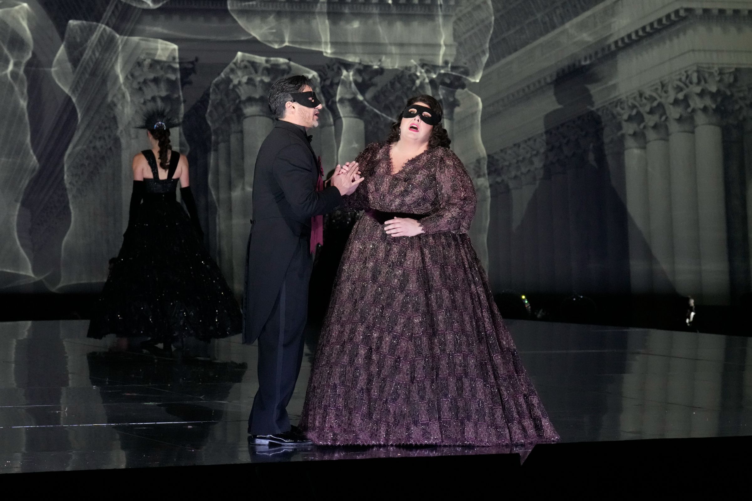 Charles Castronovo (Gustavus III) and Angela Meade (Amelia) &copy; Ken Howard | Met Opera