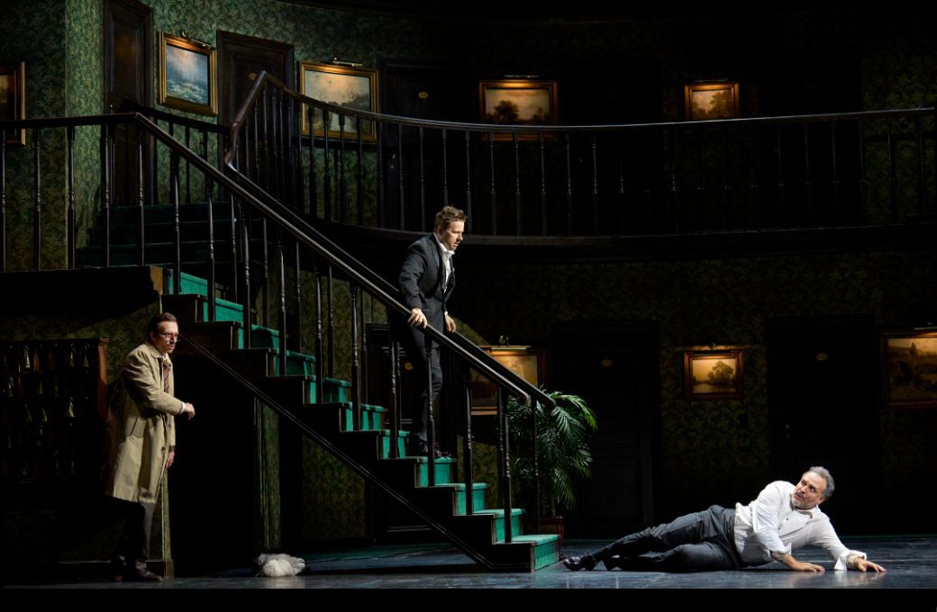Sam Carl (Leporello), Andrei Bondarenko (Don Giovanni) and Ivo Stanchev (Commendatore) &copy; Glyndebourne Productions Ltd. Photo: Richard Hubert Smith