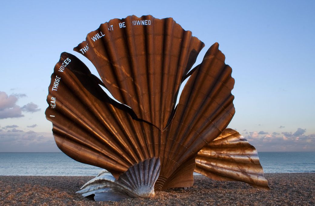 Maggi Hambling's <i>The Scallop</i> on Aldeburgh Beach, inscribed with a <i>Peter Grimes</i> quotation &copy; Andrew Dunn | Wikimedia Commons