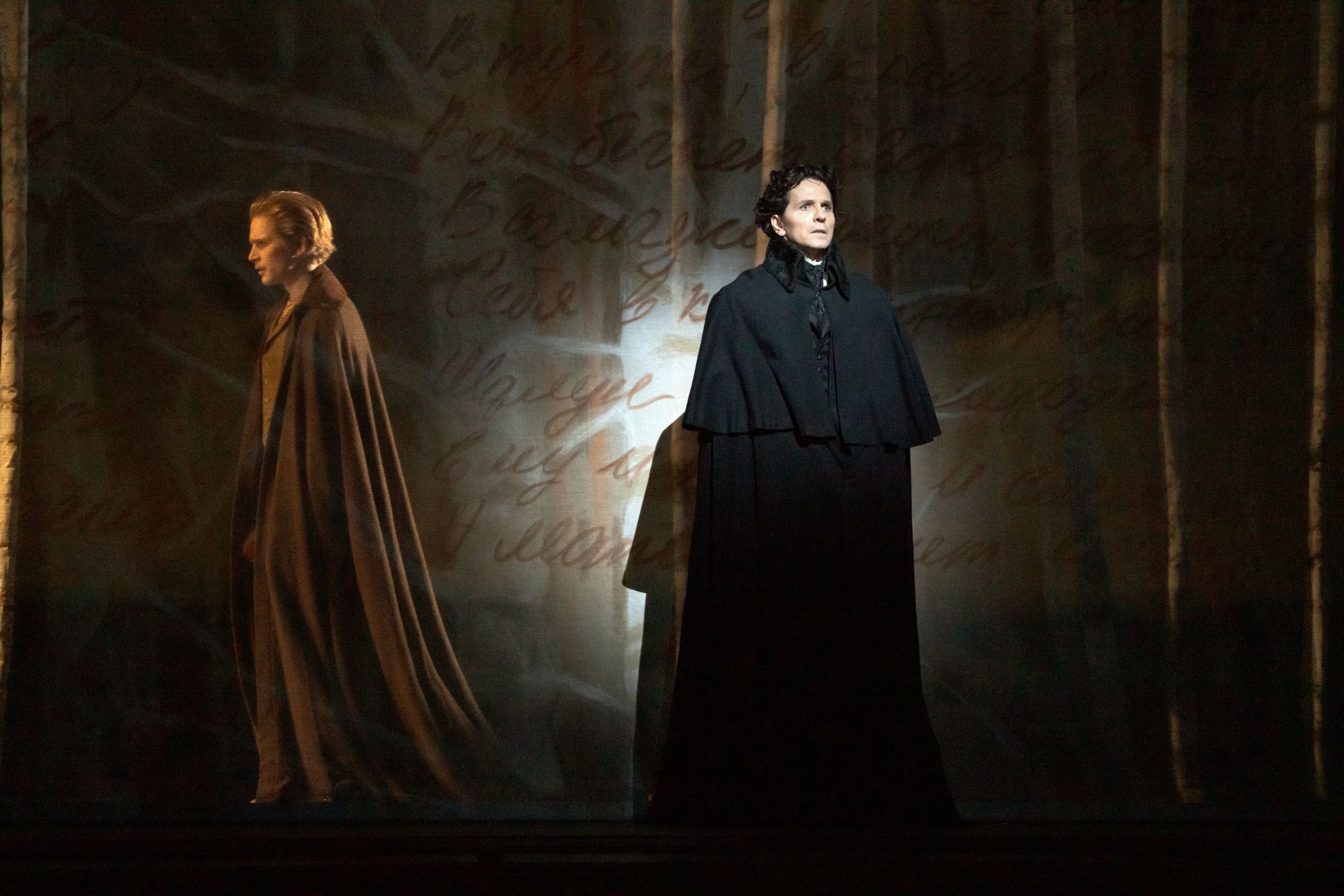 Harrison James as Lensky and Guillaume Côté as Onegin in <i>Onegin</i> © Karolina Kuras